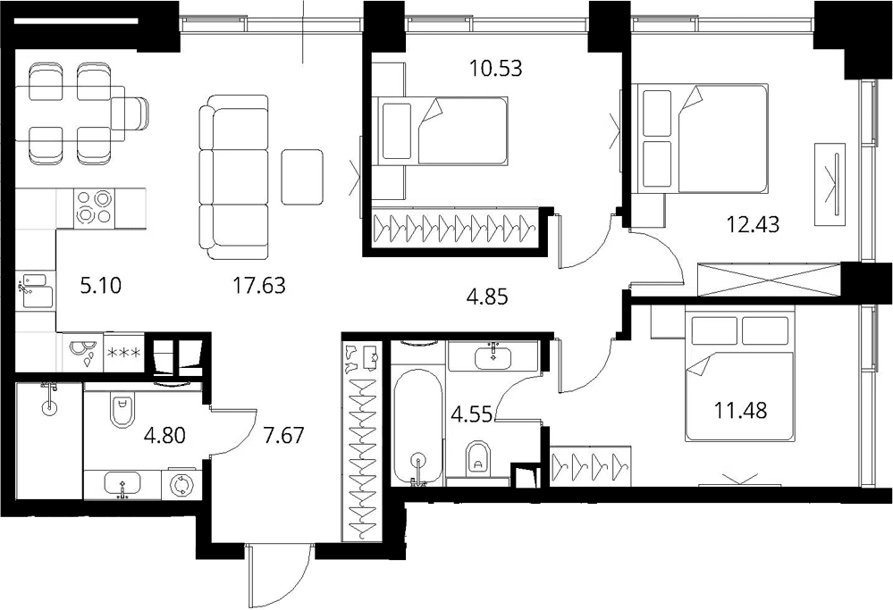 Планировка: Квартира евро-4 79 м² в ЖК «Сити Бэй»