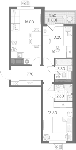 Планировка: Евротрёшка 53,9 м² в ЖК «Зеркальный ручей»