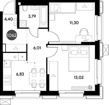 Планировка: 2-комнатная квартира 45,4 м² в ЖК «ЭВО»
