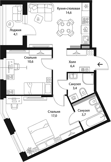 Планировка: 2-комнатная квартира 55,8 м² в ЖК «Экография»