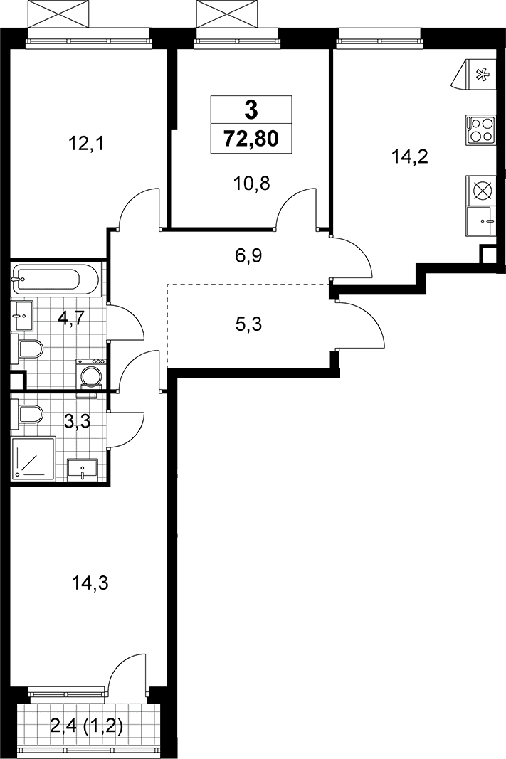 Планировка: 3-комнатная квартира 71,6 м² в ЖК «Прокшино»