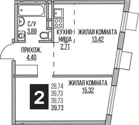 Планировка: Евродвушка 39,7 м² в ЖК «Гранель Аникеевский»