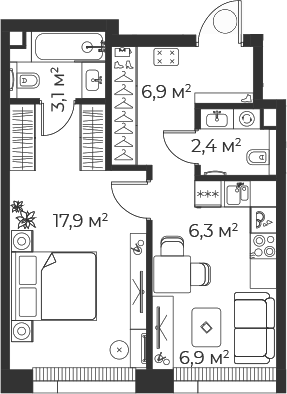 Планировка: Евродвушка 43,4 м² в ЖК «Веер»
