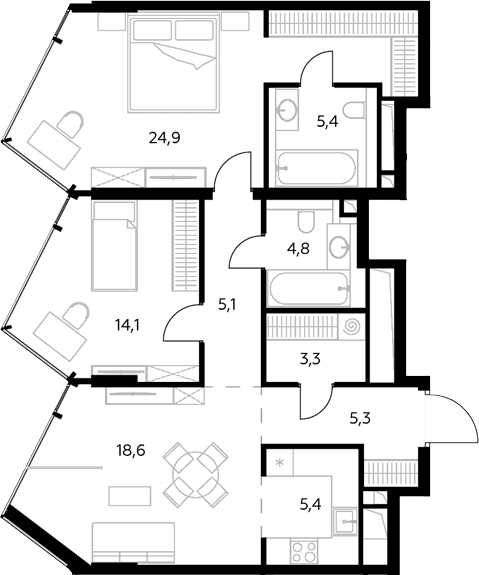 Планировка: Евротрёшка 86,9 м² в ЖК «Монблан»
