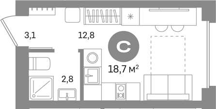 Планировка: Студия 18,7 м² в ЖК «Первый квартал. Вторая очередь»
