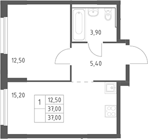 Планировка: Евродвушка 37 м² в ЖК «Химки Парк»