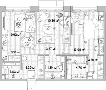 Планировка: Евротрёшка 65 м² в ЖК «МЫС»