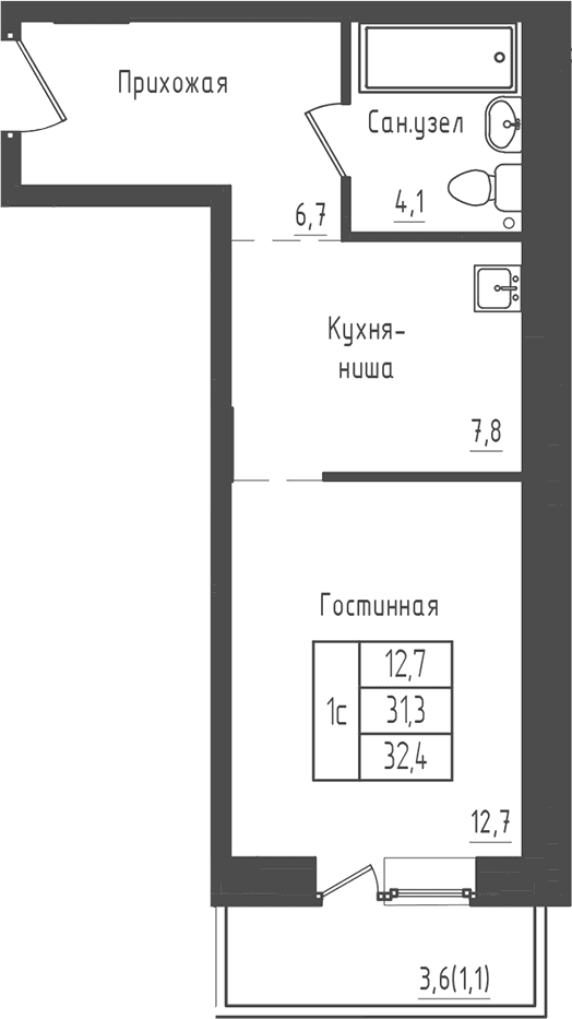 Планировка: Студия 31,3 м² в ЖК «Зеленый город»