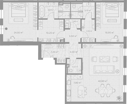 Планировка: 2-комнатная квартира 147 м² в ЖК «Николь»