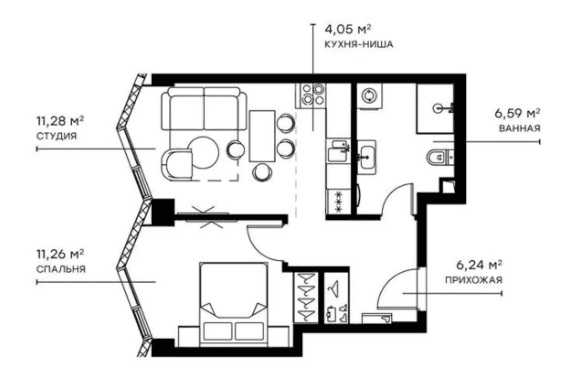 Планировка: Евродвушка 39,4 м² в ЖК «Симфония 34»