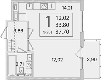 Планировка: 1-комнатная квартира 33,8 м² в ЖК «Любоград в Стрельне»