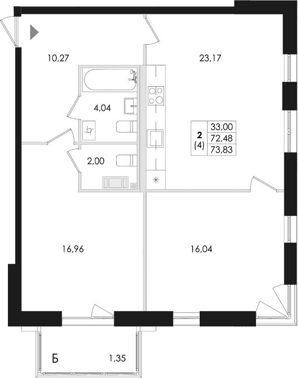 Планировка: Евротрёшка 72,5 м² в ЖК «Лисино»
