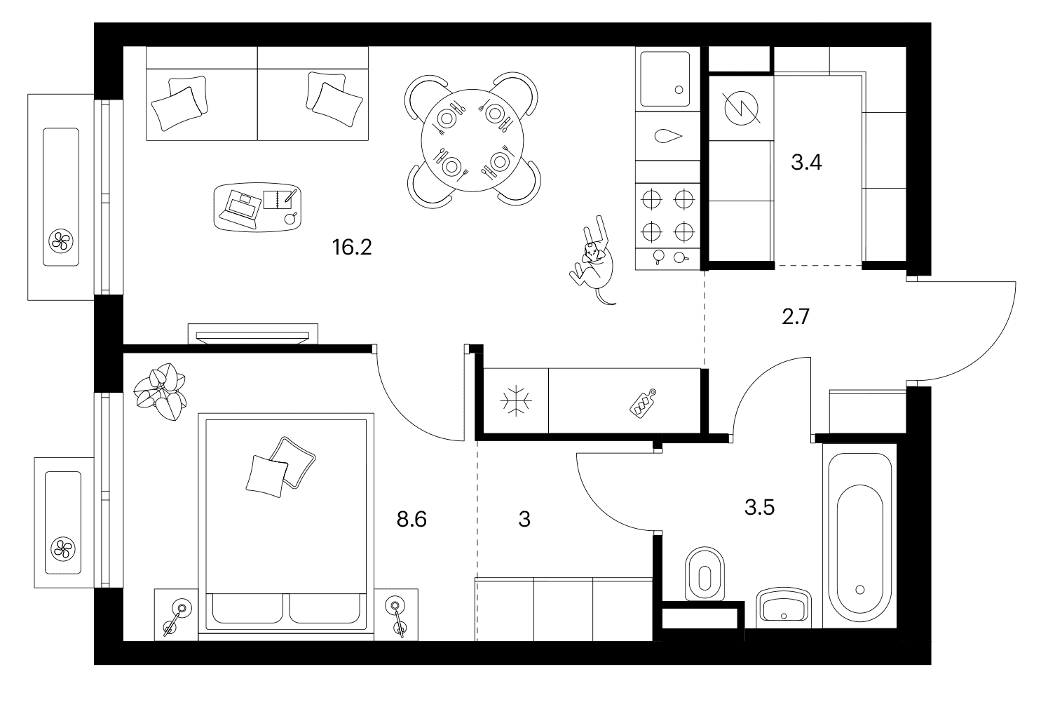 Планировка: 1-комнатная квартира 37,4 м² в ЖК «Ярославский»