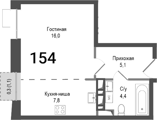 Планировка: Студия 33,3 м² в ЖК «Киноквартал»