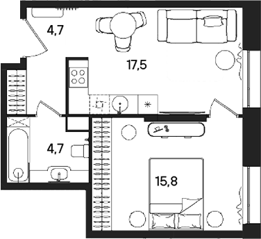 Планировка: Евродвушка 42,7 м² в ЖК «СТОУН Райз»