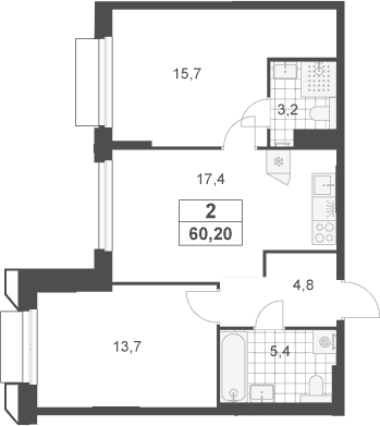 Планировка: Евротрёшка 60,2 м² в ЖК «Южные сады»