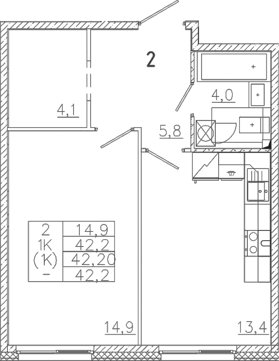 Планировка: 1-комнатная квартира 42,2 м² в ЖК «Лисино»