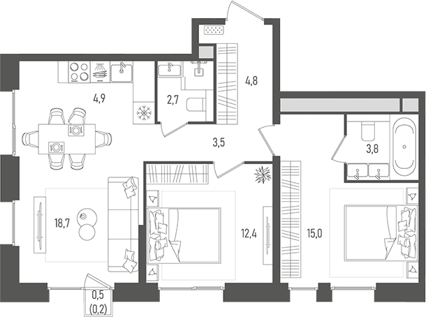 Планировка: Евротрёшка 65,8 м² в ЖК «Пейв»