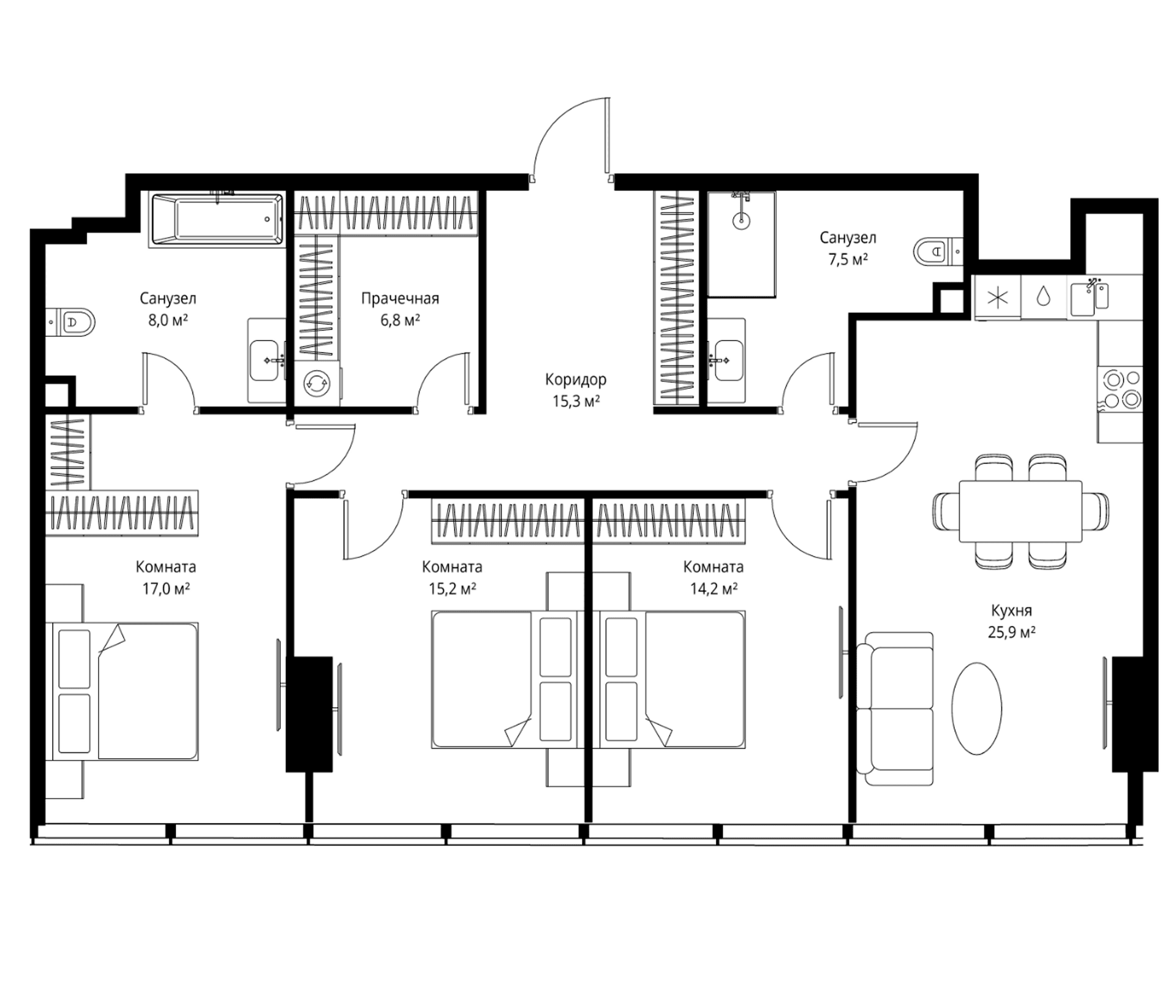 Планировка: Квартира евро-4 109,9 м² в ЖК «ОНЕ»