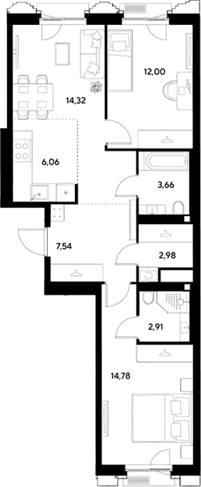 Планировка: Евротрёшка 64,3 м² в ЖК «ЭВО»