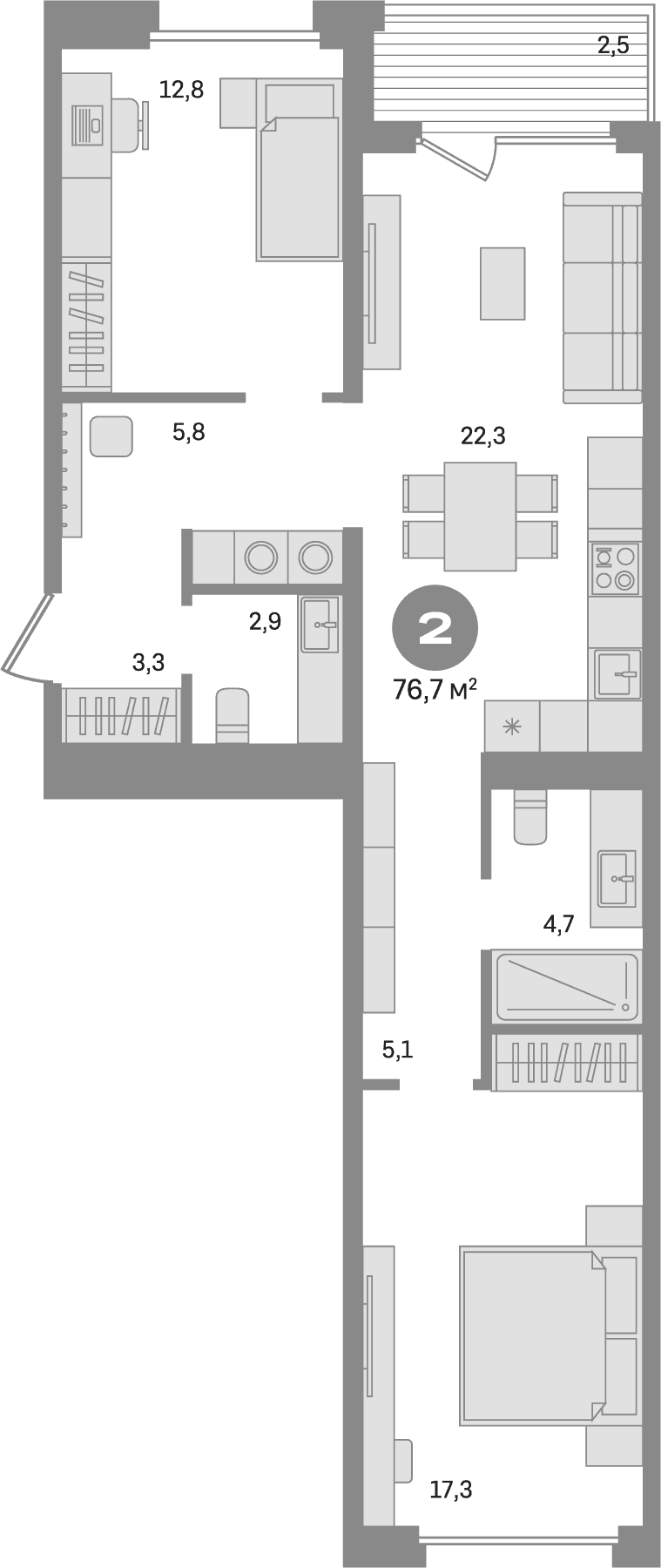 Планировка: 2-комнатная квартира 74,2 м² в ЖК «Дом А»