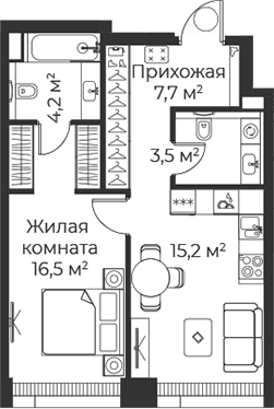 Планировка: Евродвушка 47,1 м² в ЖК «Веер»