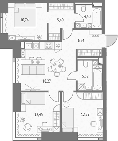 Планировка: Квартира евро-4 76,8 м² в ЖК «Апсайд Тауэрс»