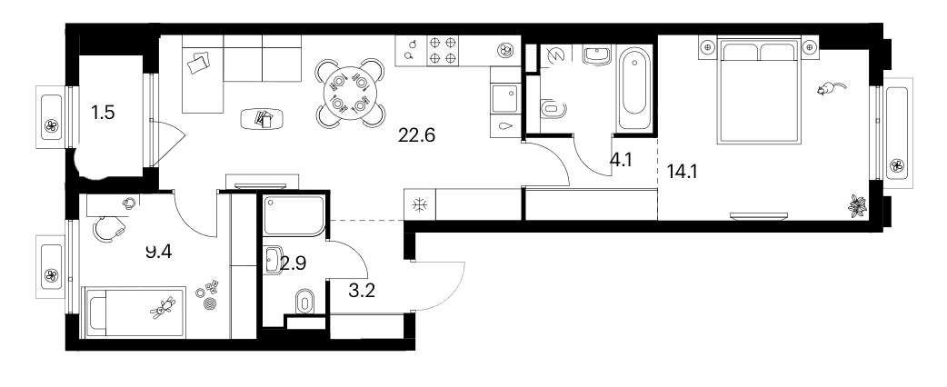Планировка: 2-комнатная квартира 60 м² в ЖК «Белая Дача парк»
