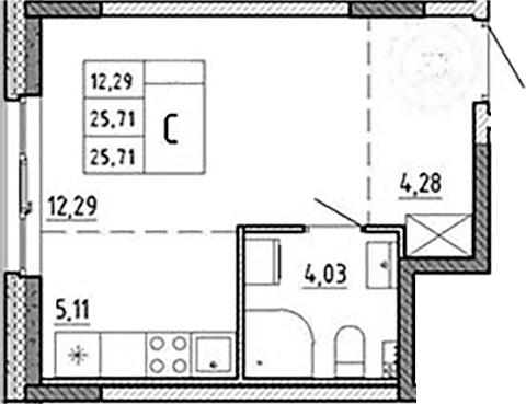 Планировка: Студия 25,7 м² в ЖК «Аннино Сити»