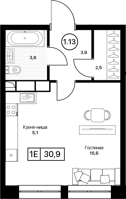 Планировка: Студия 30,9 м² в ЖК «Пушкино Град»