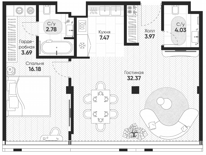 Планировка: Евродвушка 72,1 м² в ЖК «Арбат 2»