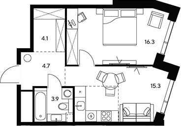 Планировка: 1-комнатная квартира 44,3 м² в ЖК «НЕКСУС от Аквилон»