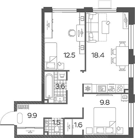 Планировка: Евротрёшка 57,3 м² в ЖК «Лучи»