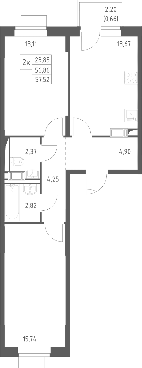 Планировка: 2-комнатная квартира 56,9 м² в ЖК «Пятницкие Луга»