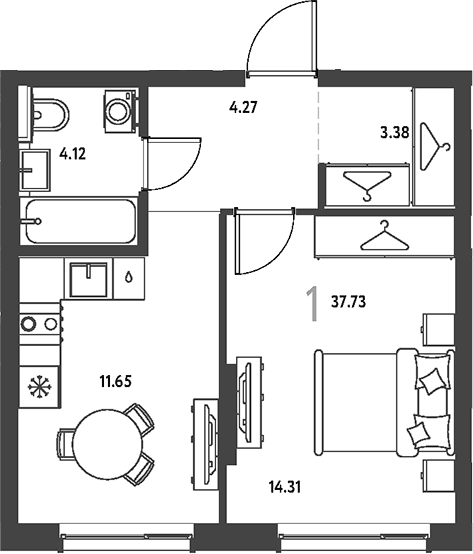 Планировка: 1-комнатная квартира 37,7 м² в ЖК «Страна.Парковая»