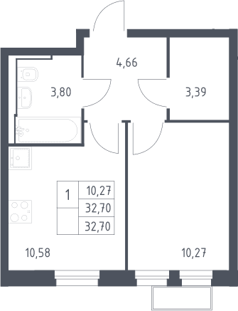 Планировка: 1-комнатная квартира 32,7 м² в ЖК «Квартал Строгино»