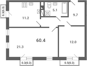 Планировка: 2-комнатная квартира 59,3 м² в ЖК «Южная Долина»