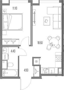 Планировка: 1-комнатная квартира 38,5 м² в ЖК «Северный Порт»