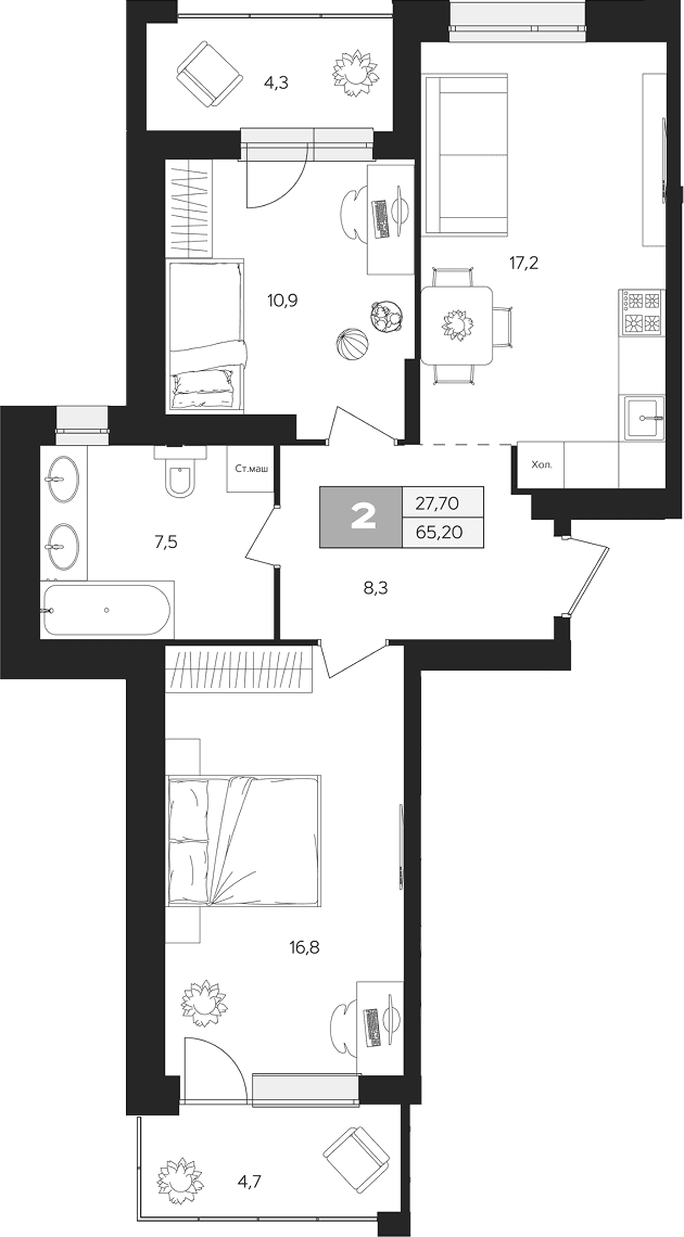 Планировка: 2-комнатная квартира 60,7 м² в ЖК «Ласточкино»
