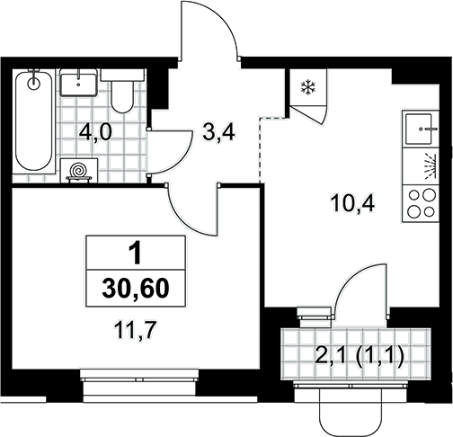 Планировка: 1-комнатная квартира 29,5 м² в ЖК «Прокшино»