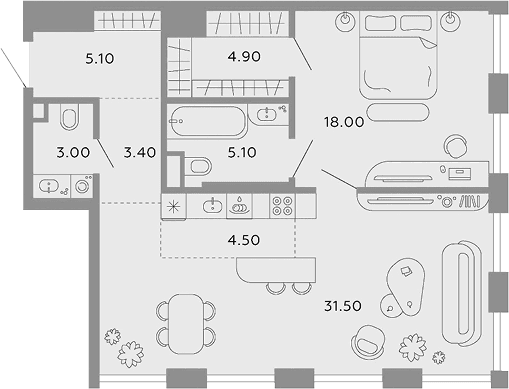 Планировка: Евродвушка 75,5 м² в ЖК «Тессинский, V»