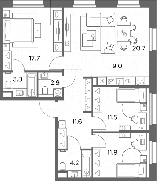 Планировка: Квартира евро-4 93,2 м² в ЖК «Станиславский»