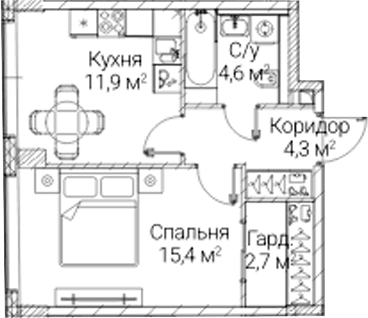 Планировка: 1-комнатная квартира 38,9 м² в ЖК «СЕЗАР БУДУЩЕЕ»