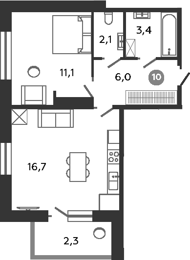 Планировка: Евродвушка 39,3 м² в ЖК «Графская слобода в Песках»
