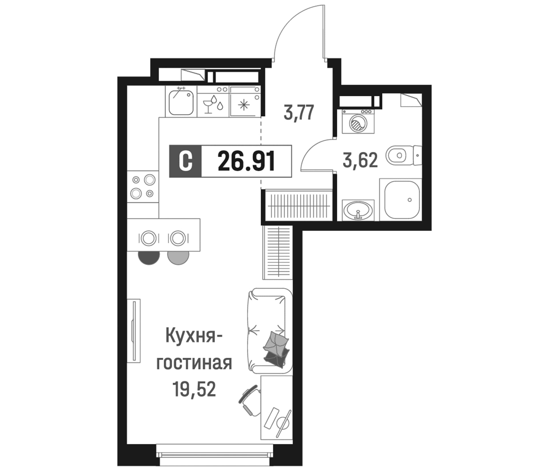 Планировка: Студия 26,9 м² в ЖК «Максималист»