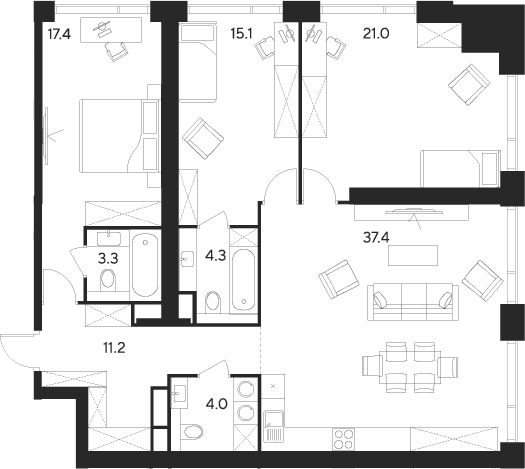 Планировка: Квартира евро-4 113,7 м² в ЖК «Инди Тауэрз от Аквилон»