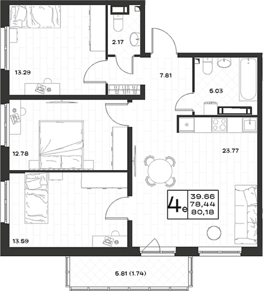 Планировка: Квартира евро-4 78,4 м² в ЖК «Имена»