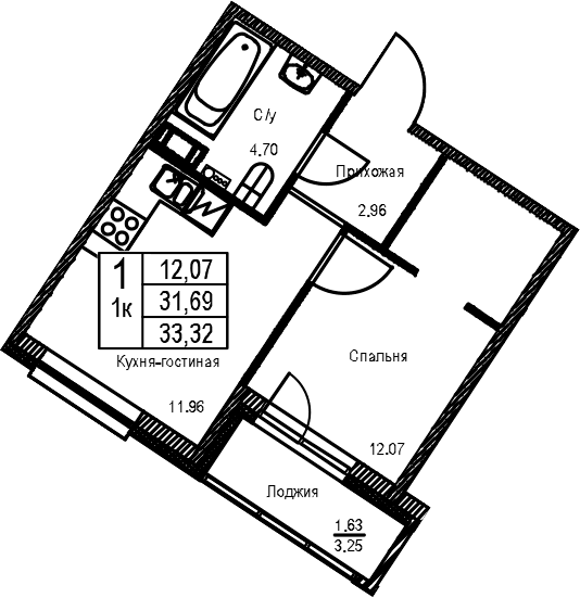 Планировка: 1-комнатная квартира 31,7 м² в ЖК «ID Kudrovo II»