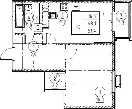 Планировка: Евродвушка 48,5 м² в ЖК «Крылов»