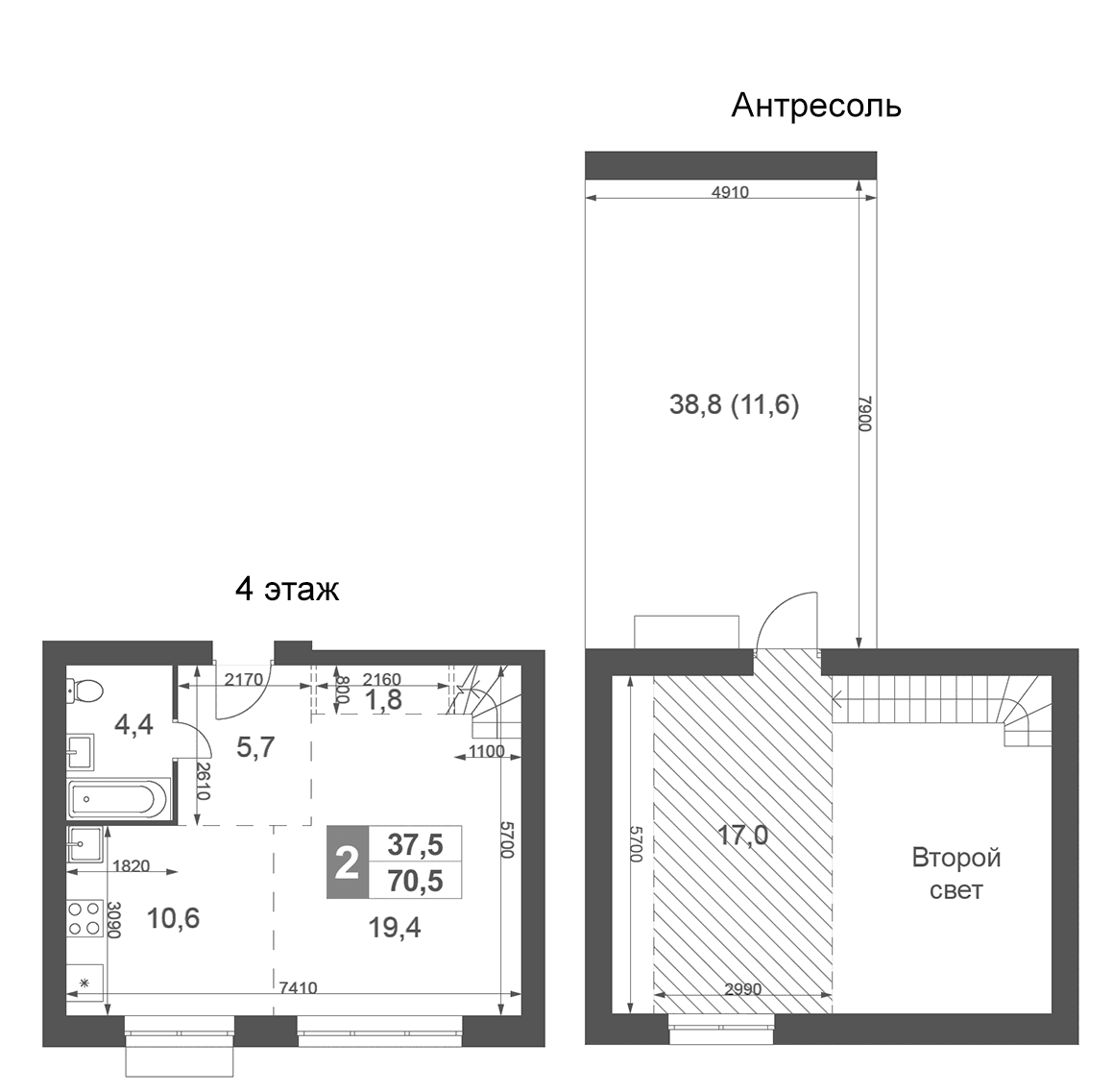 Планировка: 1-комнатная квартира 58,9 м² в ЖК «Дубровицы Клаб»